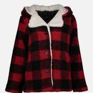 Steve Madden Plaid Teddy Jacket in Red and Black